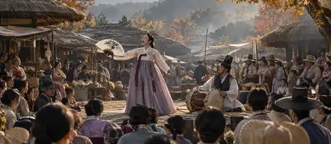 장터 마당에서 부채를 든 소리꾼과 고수, 둘러선 사람들 — 판소리 한 마당