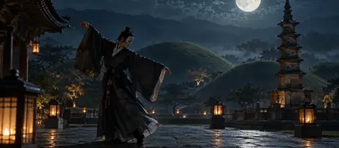 보름달 아래 경주 고분과 석탑, 등불 아래 홀로 춤추는 처용