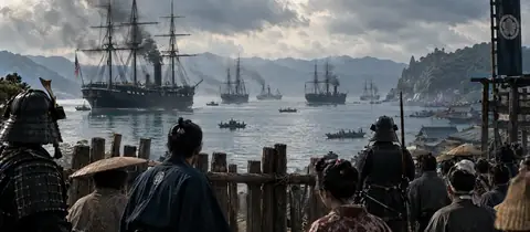 1853년 우라가 앞바다의 검은 배와 해안에서 지켜보는 사람들