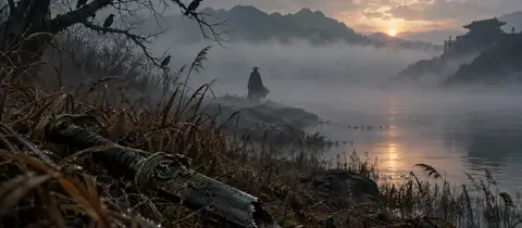 새벽 안개 강가에 얼굴 없이 선 망토 입은 사람