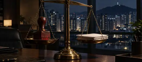 관청 책상 위의 놋쇠 저울, 한쪽에 관인과 다른 쪽에 서류