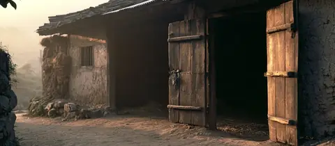 열린 창고 문 — 사람 없이 문 두 짝이 열리고 걸쇠가 풀린 빈 창고
