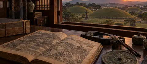 고려 학자의 책상과 창밖 경주 고분